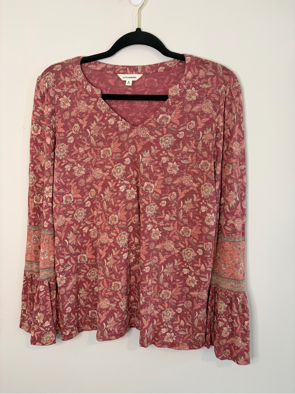 Lucky Brand Rose-Pink Floral V-Neck Bell Sleeve Tunic